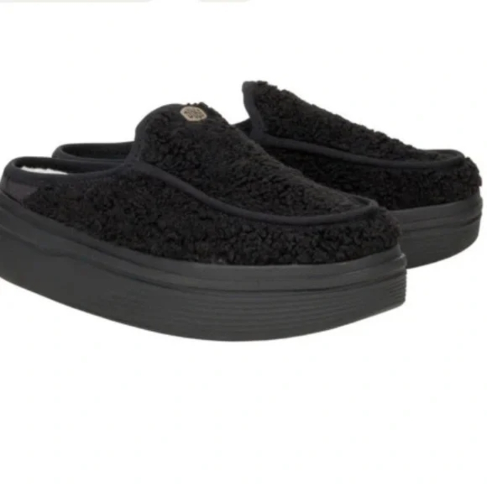 Hey Dude Black Fuzzy Platform Mules AUSTIN lift-cozy